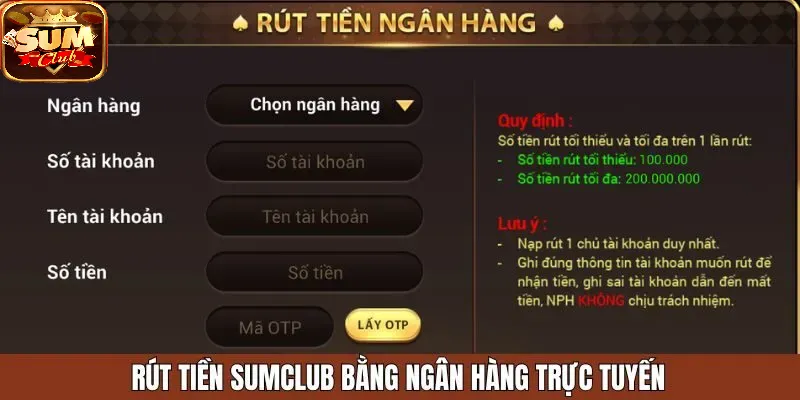 Rút Tiền SUMCLUB bằng ngân hàng trực tuyến 